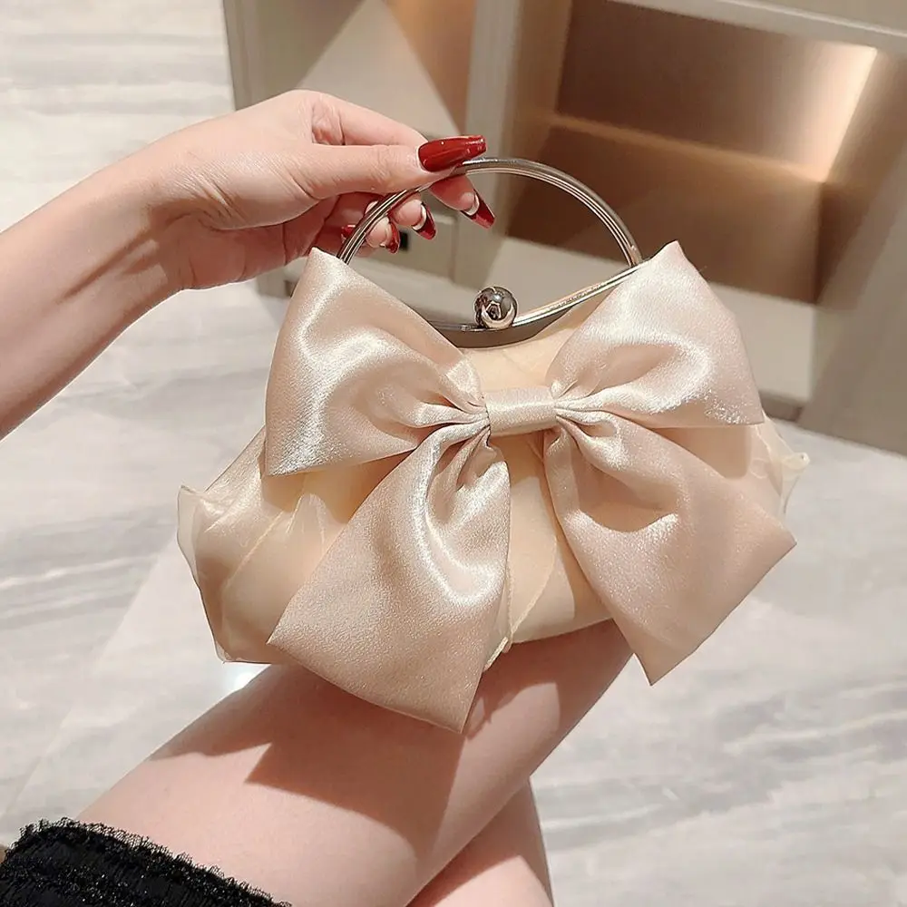 Luxury Gold Bright Silk Bowknot Evening Bag Chain Banquet Clutch Purse Women Female