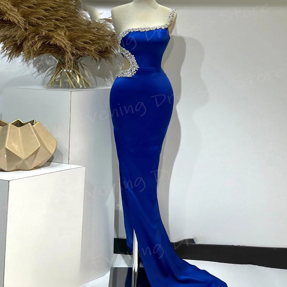 Klassische blaue Meerjungfrau elegante Frauen Abendkleider neue eine Schulter ärmellose Ballkleider sexy geteilte Perlen vestido de noche