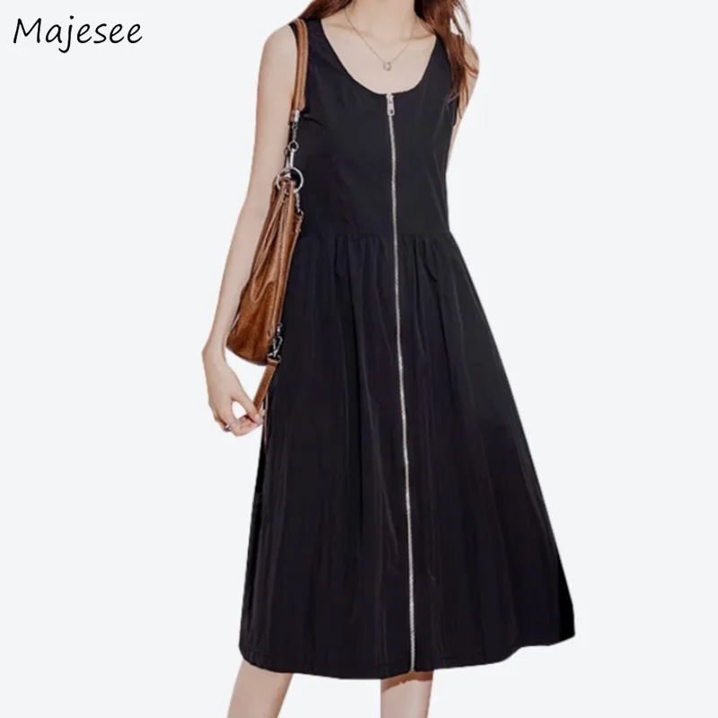 Cargo Style Dresses Women Solid Defined Waist Drawstring Zipper Design Korean Fashion High Street Chic Sleeveless Vestidos Daily