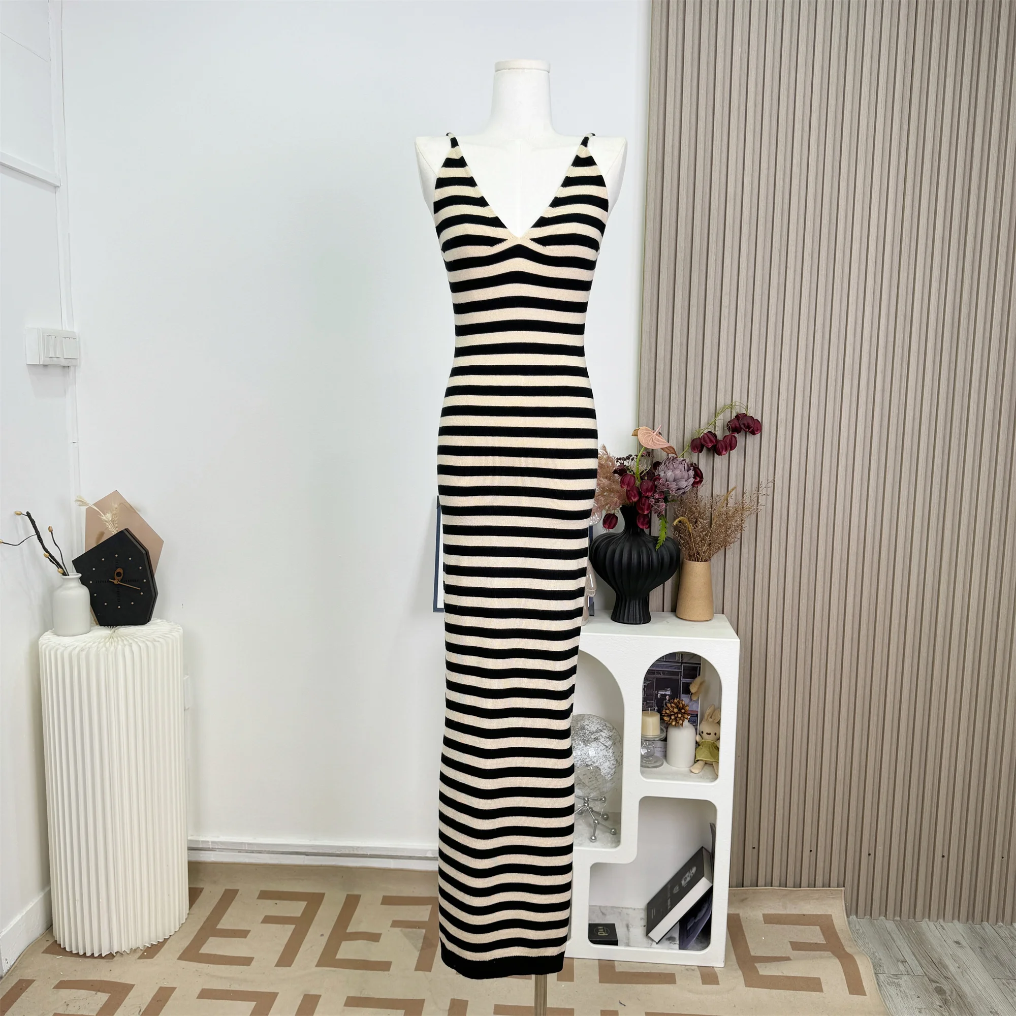 

Striped Knitted Slim Dresses Women's Summer Skinny Sleeveless Bodycon Long Dress Casual Holiday Wrap Hip Sundress