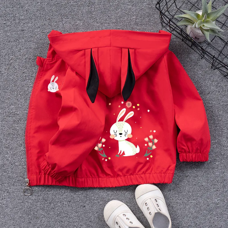 Spring Autumn Girls Coat Cartoon Rabbit Zipper Hooded Windbreaker Jacket For 2-8 Years Kids Children Birthday Present