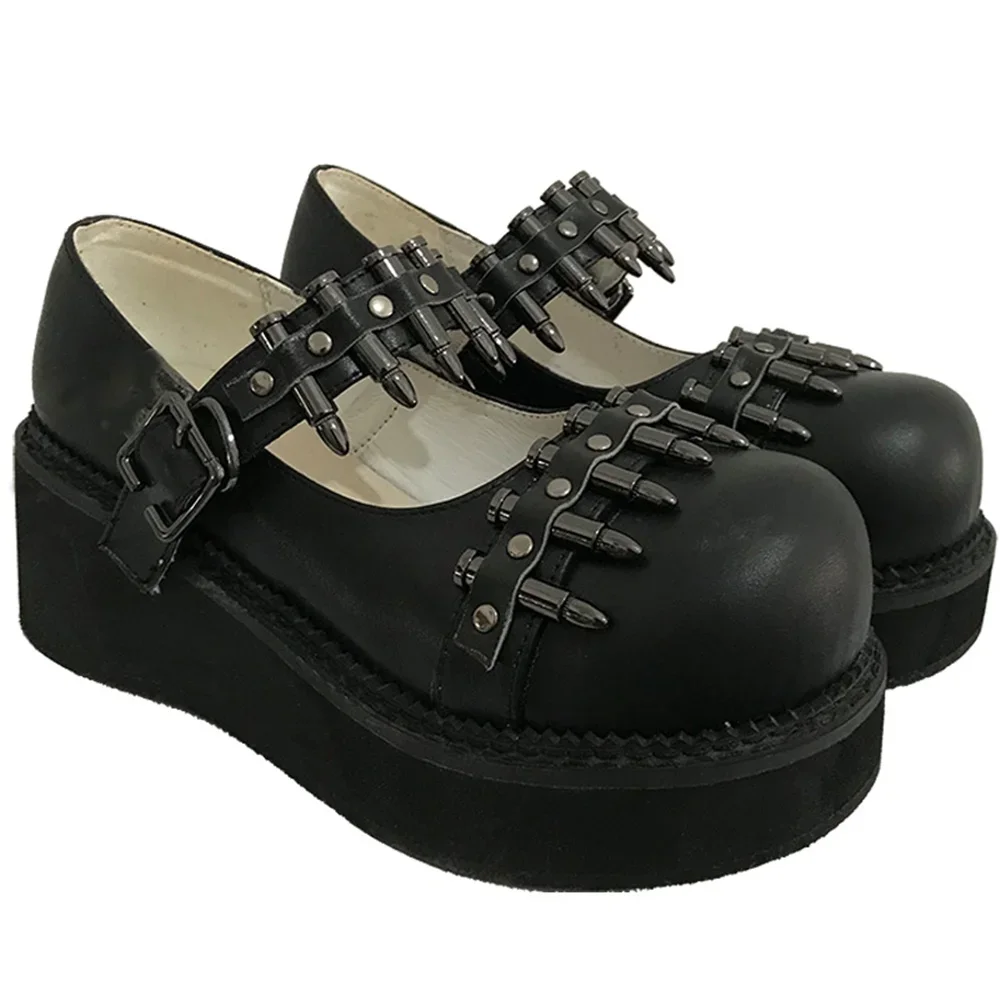 

2025 Black Thick Sole Bullet Rivet Buckle Pumps Spring New Round Toe Street Rock Cool Girl Shoes Party Punk Fashion Casual Shoes