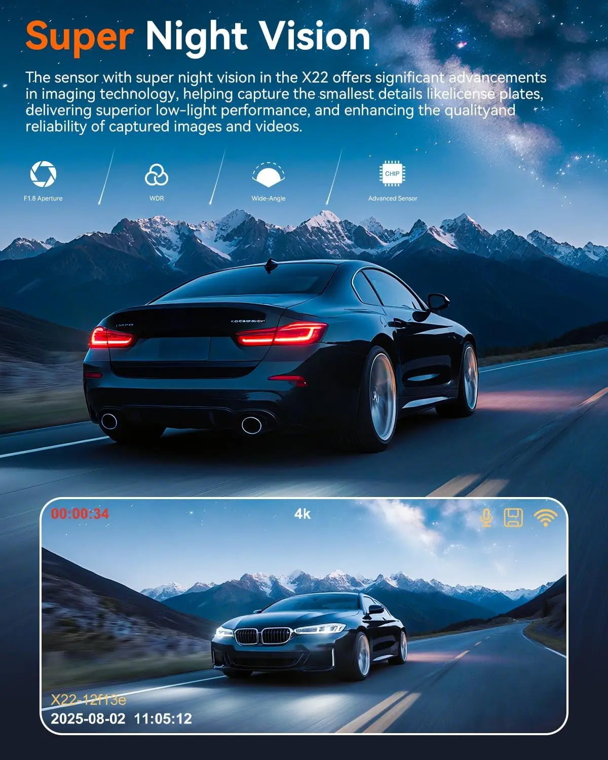 كاميرا داش خلفية 4K و3K+1080P، واي فاي، رؤية ليلية، وضع وقوف السيارات 24 ساعة، التحكم في التطبيق، بطاقة 64 جيجابايت مجانية