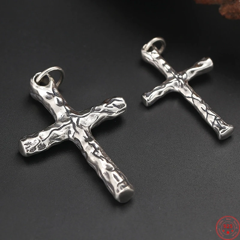 

S925 Sterling Silver Pendants for Women Men New Fashion Meteorite Surface Christ Jesus Cross Argentum Punk Jewelry