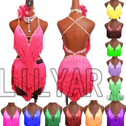 Nuevo vestido profesional de competición de baile latino para mujeres adultas vestido de baile sin espalda con borlas rosas brillantes