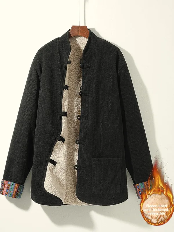 

Двусторонняя куртка из вельвета и хлопка для мужчин, свободного кроя, с воротником-стойкой, на подкладке из овечьей шерсти, удлиненная, в китайском стиле...