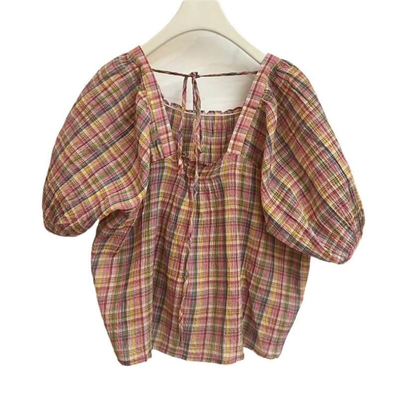 Summer New Girlish Cotton Square Collar Sweet Vintage Plaid Tops Puff Sleeves Casual Pastoral Style Back Lace-up Loose Blouses