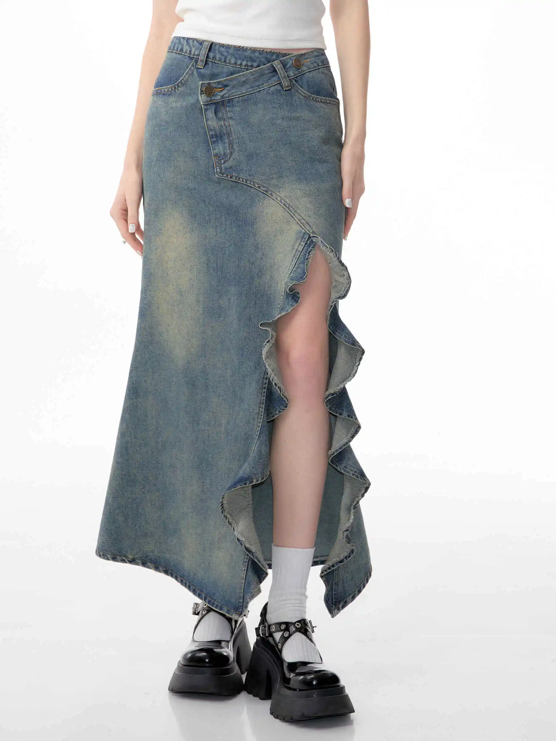 

2026 Summer Women Punk Midi Denim Skirts Split Jean Skirt Kpop Korean Y2k Party Design Gyaru Coquette E-girl Harajuku 2000s Tide