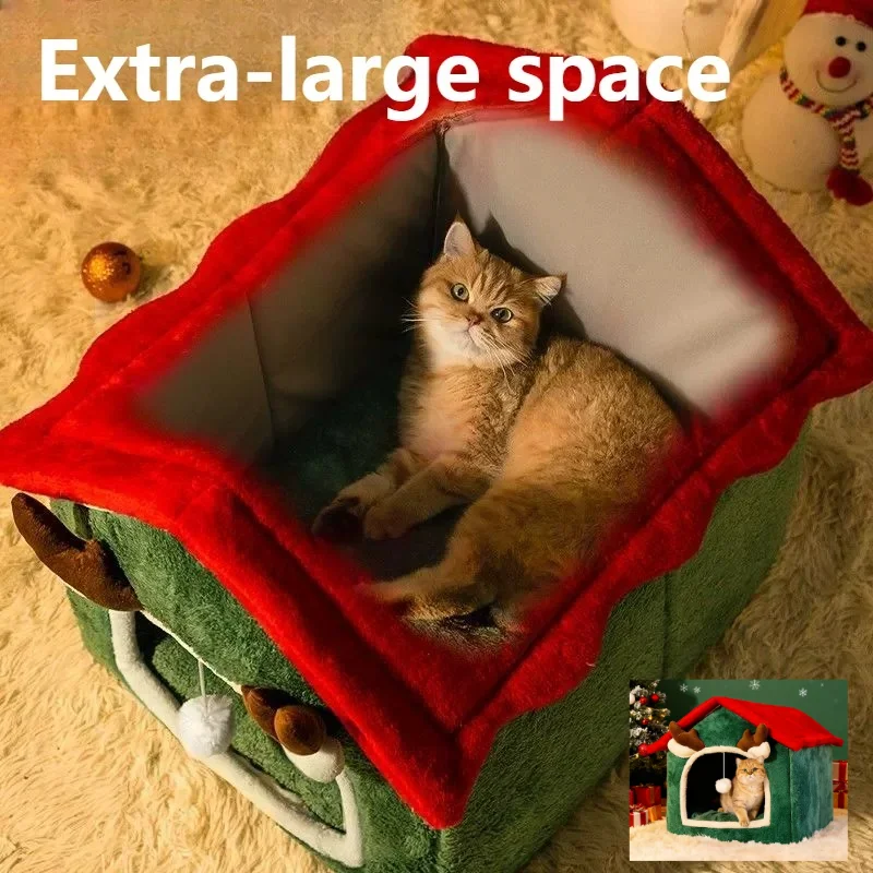 

2025 Christmas Reindeer Pet House Warm Fleece Detachable Washable Cat Dog Bed with Mattresses Indoor Outdoor Winter Pet Bed