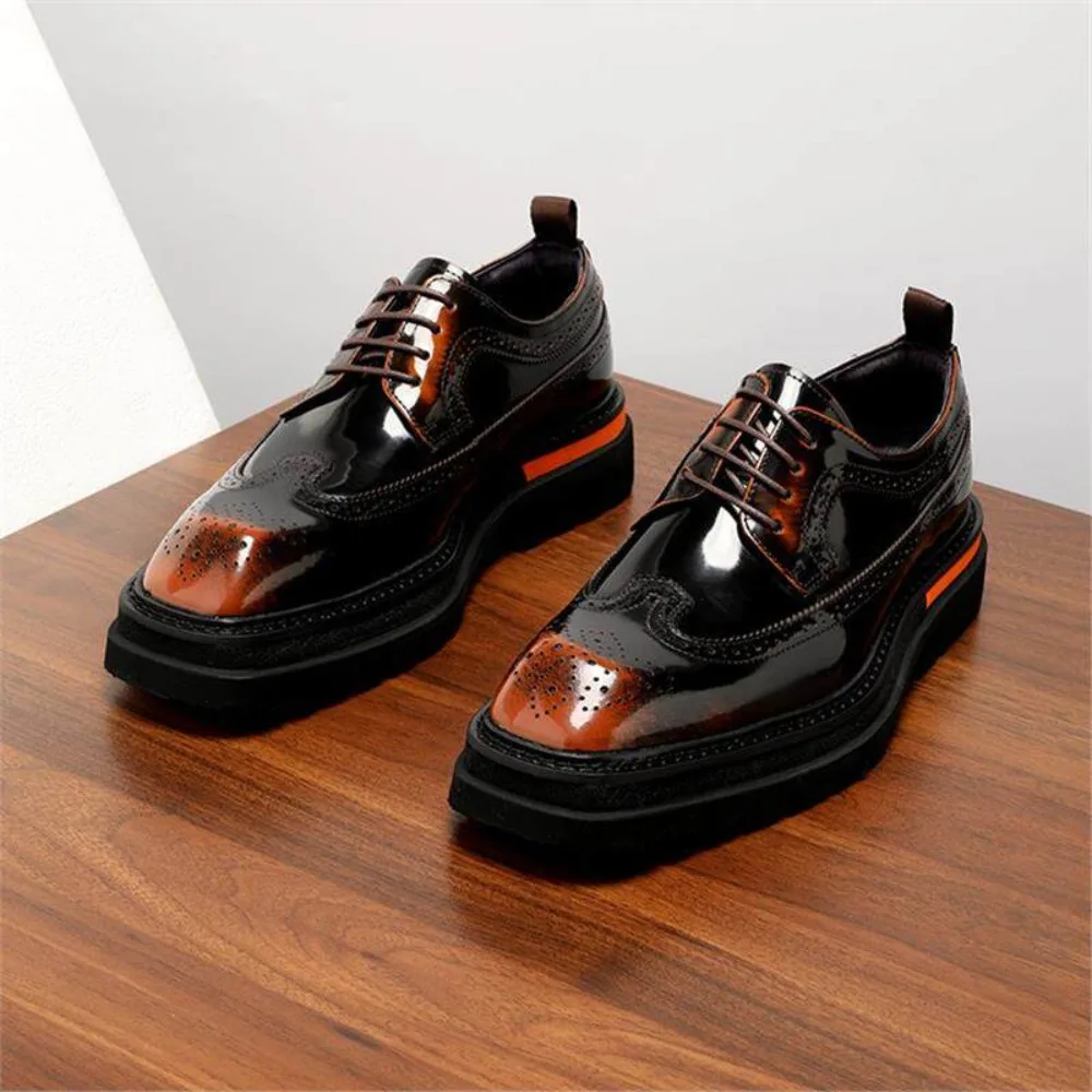 Mens Genuine Leather Brogue Derby Dress Shoes Thick Sole Height Increasing Glossy Carved Brogue Shoes for Men 5