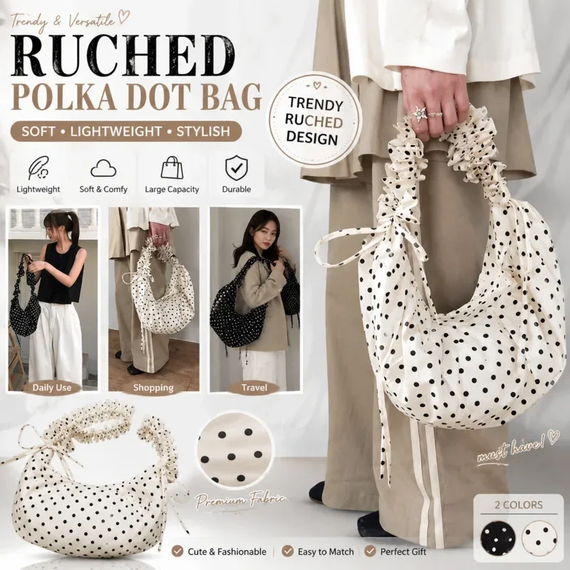 Korean Ins Style Polka Dot Ruffled Crescent Hobo Shoulder Bag Soft Lightweight Crossbody Bag For Women Daily Shopping Travel New