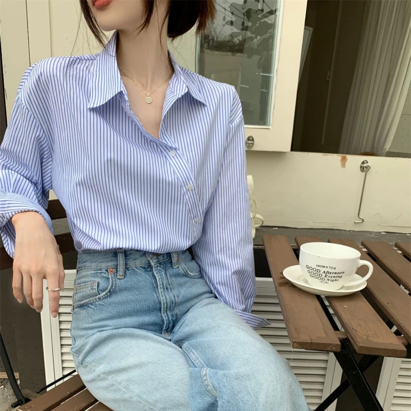 Turn-down Collar Shirts Women Side-slit Asymmetrical Blue Striped Korean Style New Arrive Autumn Tops Trendy Office Lady Simple