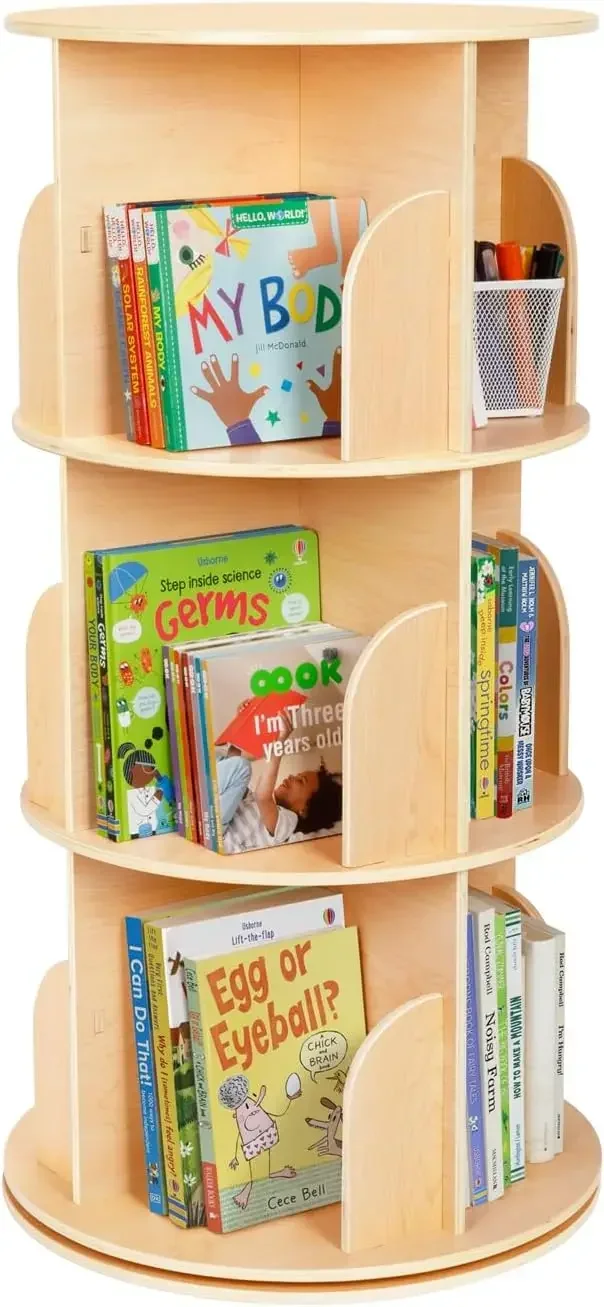 Rotating Bookshelf Tower, Small Corner Bookshelf for Small Space, 360 Display 3 Tier Floor Standing Montessori Bookshelf St