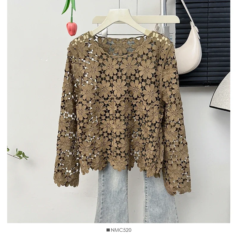 

Прозрачный вязаный крючком топ с длинными рукавами и вышивкой, пляжное бикини с изображением ромашки, укороченный пуловер, блузка, женская отпускная одежда в стиле бохо