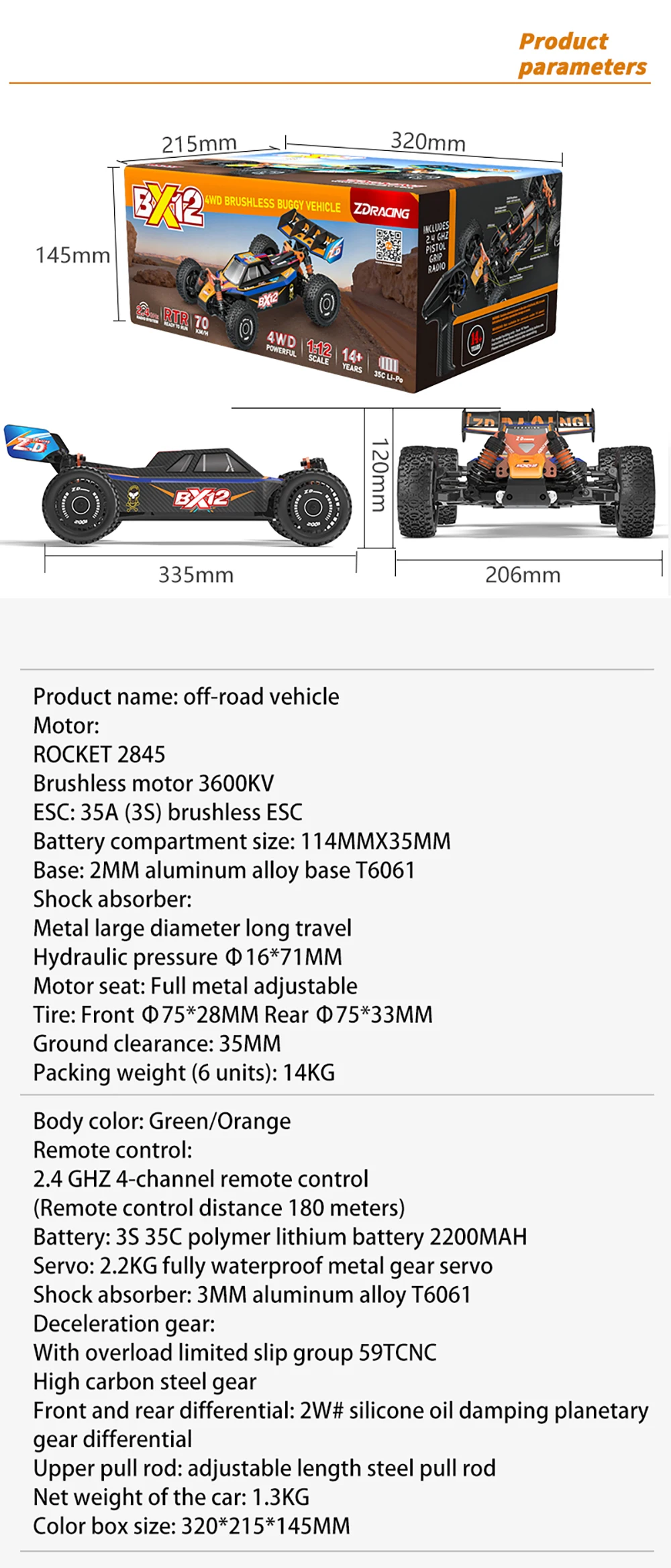 ZD RACING BX-12 sin escobillas 1/12 RC carrera de alta velocidad
