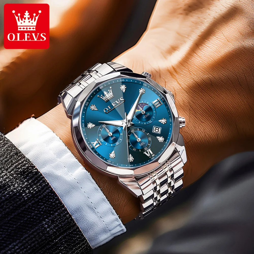 OLEVS 3670 ساعة رجالية أصلية ساعة كوارتز ستانلس ستيل مقاوم للماء مضيئة تاريخ القمر المرحلة كرونوغراف فاخر الرجال رسمي