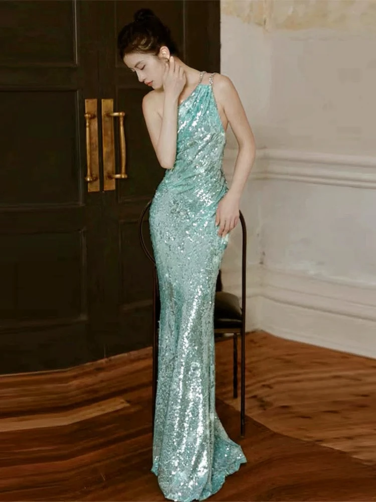 

Light Blue Sequins Prom Dresses One Shoulder Mermaid Sexy Adult Ceremony Performance Beach Party Backless Formal Evening Gowns