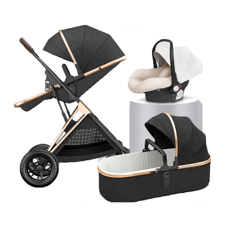 High Landscape Baby Stroller Can Sit and Lie Down Two-way Shock Absorption Lightweight Folding Baby Stroller 3in1 with Car Seat