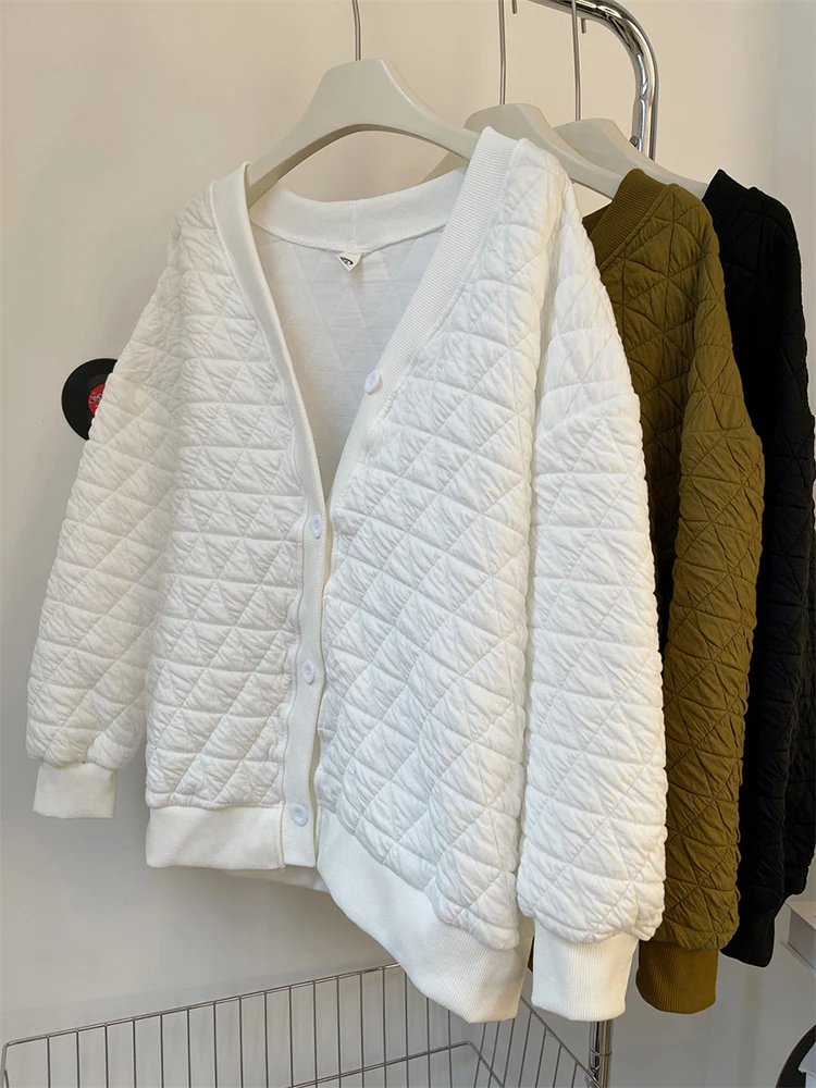 

Korean Fashion Pleated V-Neck Long Sleeved Solid Color Women's Loose Jacket New Women Casual Cardigan Diamond Patterned Jacket
