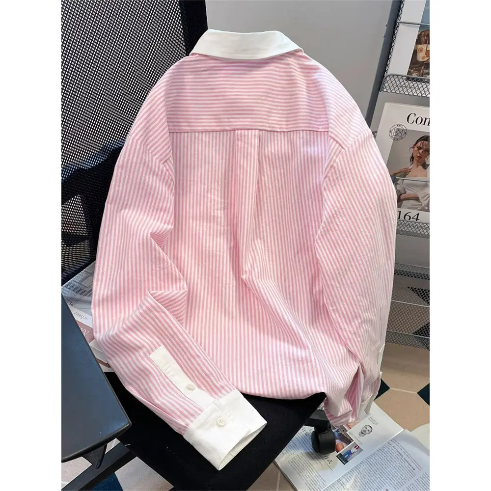 การออกแบบ Sensual สีชมพูลายเสื้อแขนยาวผู้หญิงฤดูใบไม้ผลิสีตัดกันเสื้อโปโลอเนกประสงค์อารมณ์ TOP