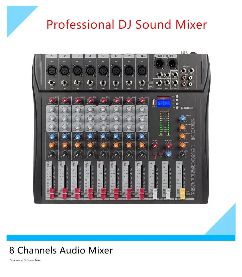 المهنية 8 قناة جهاز مزج الصوت Dj المرحلة وحدة التحكم خلاط الصوت الرقمي مع ترويسة تيار تحكم الكمبيوتر USB تسجيل dsp