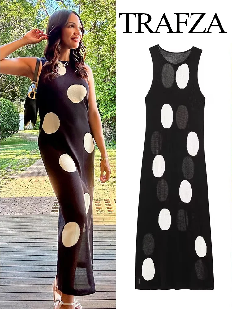 

HH Autumn Women Fashion Crew Neck Knitted Polka Dot Print Sleeveless Dress Female Elegant Casual Slim Midi A-line Long Dress