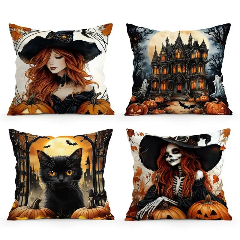 

Home Decor Halloween-themed Witch & Cat Pattern Pillow Covers Pattern Cushion Cover Suitable for Sofa Bedroom Car Pillow Cover