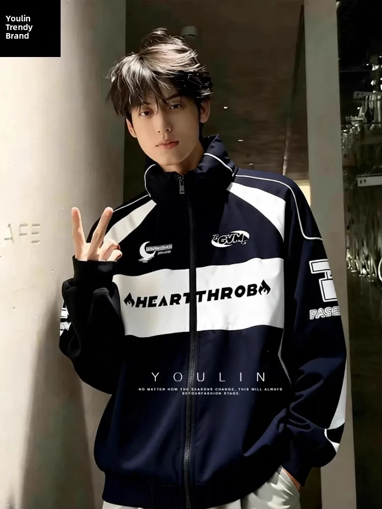 

American Style Motorcycle Jacket Men's Winter Warm Short Cotton Inserted Racing Suit down Jacket Stand Collar Thickened Polye...