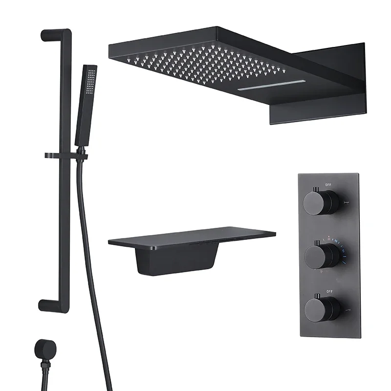 temperature intelligent black concealed shower lift rod embedded in wall four-function waterfall bath shower