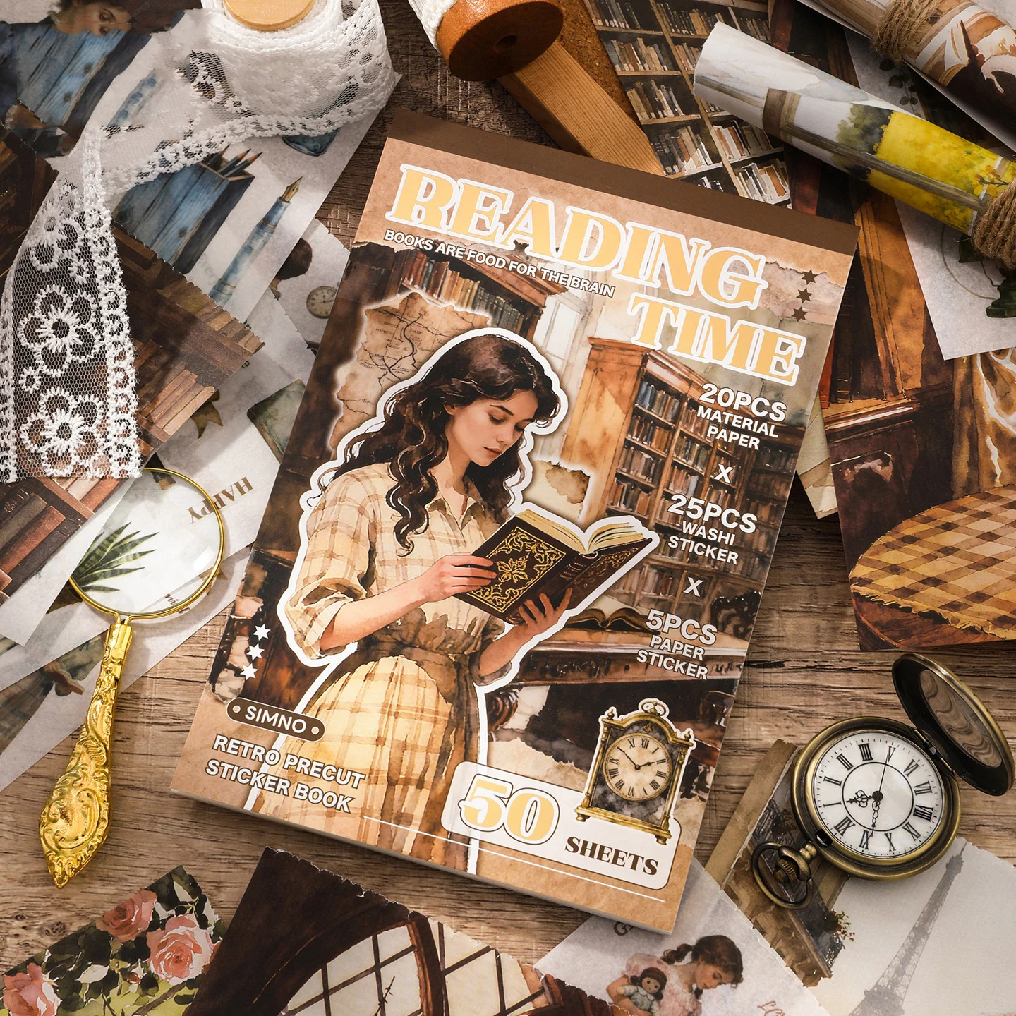 

Reading Time Series Vintage Character Coffee Label Landscape Sticker Book Creative DIY Journal Material Collage Stationery