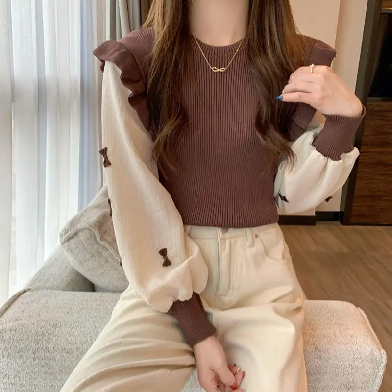 Stylish Knitted Spliced Bow Ruffles Fake Two Pieces Blouse Female Clothing 2023 Spring New Casual Pullovers Loose Sweet Shirt