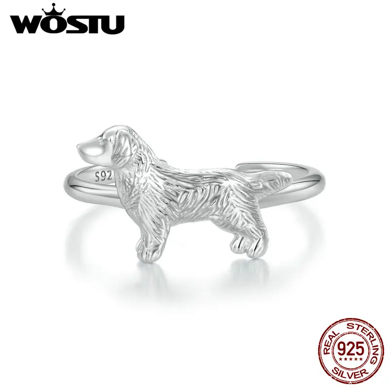 WOSTU 925 Sterling Silver Golden Retriever Dog Adjustable Rings for Women Lovely 3D Pet Animal Ring Girl Birthday Family Gift