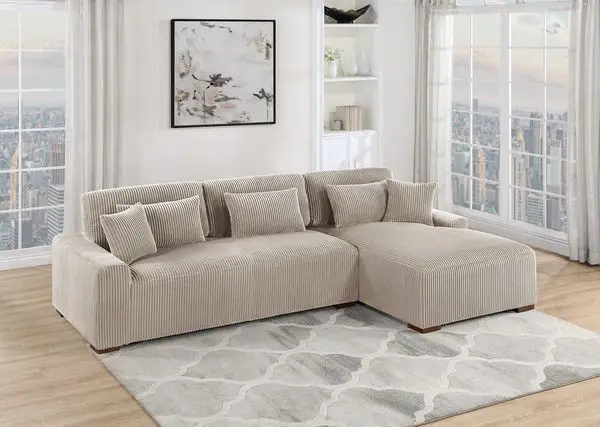 

Modern 2pc Sectional Set XL Plush Corduroy Fabric Camel Color LAF Sofa RAF Chaise Living Room Couch