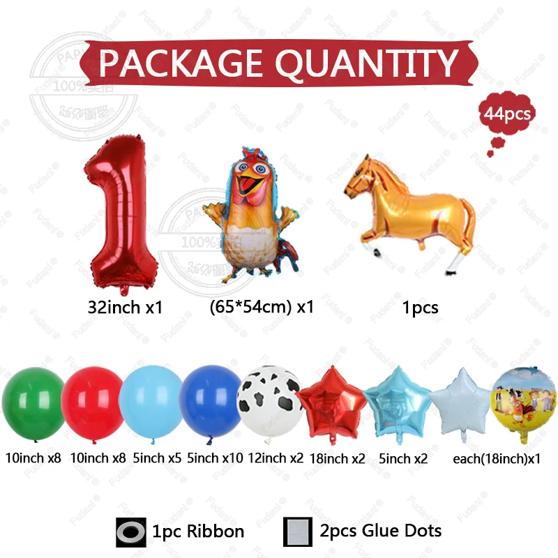 44pcs Farm Animal Balloon Column Digital Baloon Cartoon Horse/Chicken Balloon Farm Animals Happy Birthday Party Decorations