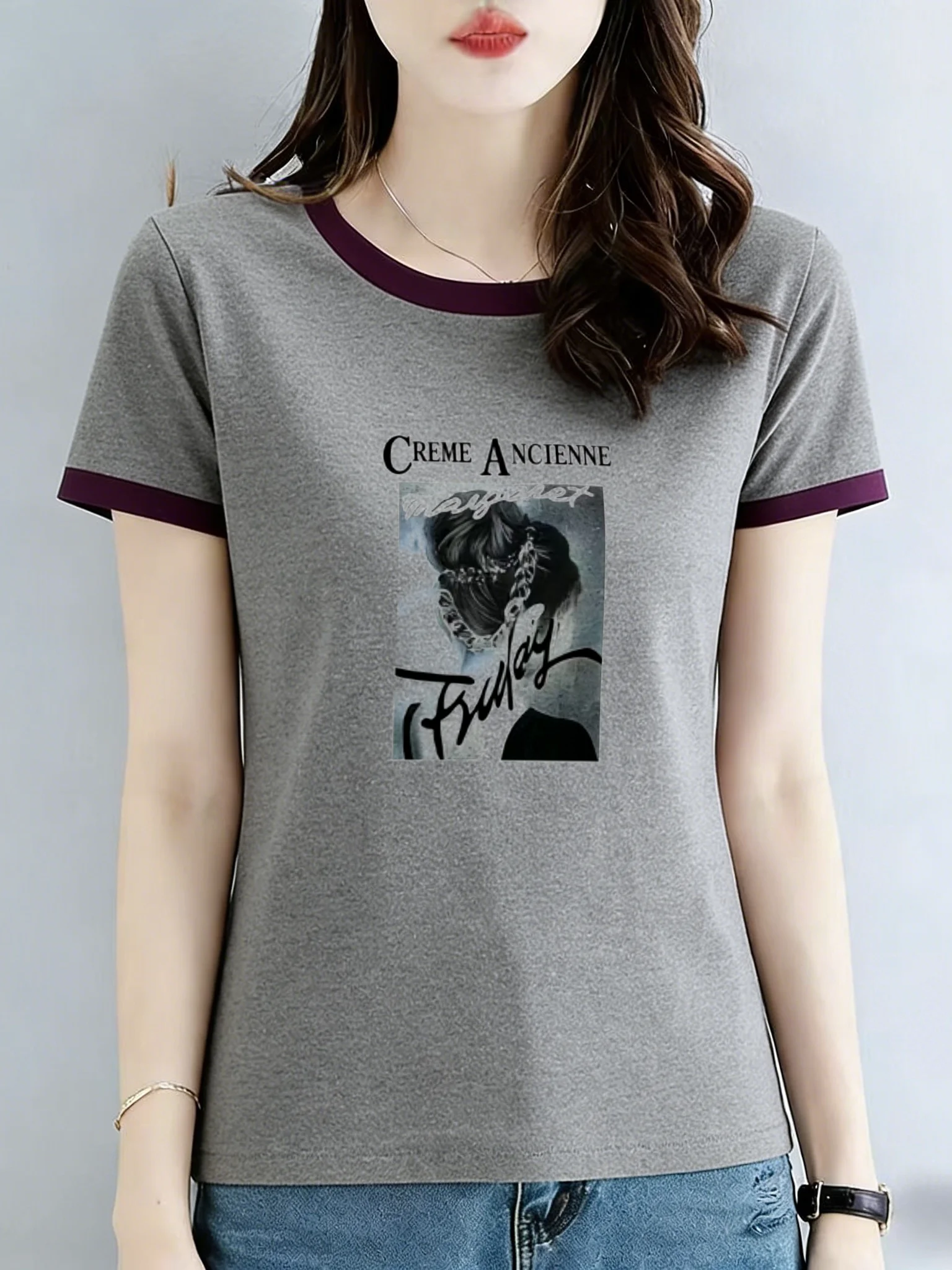 

Color Block round Neck Short Sleeve T Shirt Women Casual Style Breathable Polyester Fiber Print Top Slimming Base Shirt