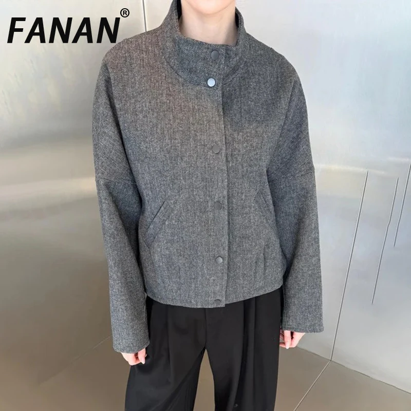 

FANAN офисные женские 40% шерстяные пальто с воротником-стойкой для женщин, однобортные короткие куртки с длинными рукавами, женские топы, новинка зимы 2023 г.