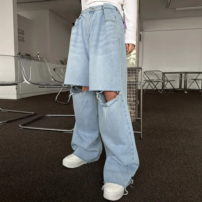 

Ripped High Waist Loose Women's Jeans Vintage Washed Belted Slimming Straight Leg Long Pants Deep And Light Colors