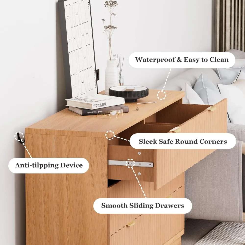 Cômoda moderna para quarto com 6 gavetas, baú largo 47,3 com perfil curvo, móveis de madeira para armazenamento de sala de estar