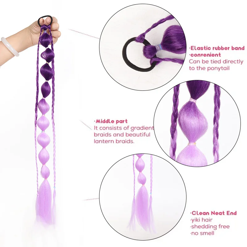 24 Inch Ombre Purple Bubble Ponytail Extensions with Elastic Rubber Band Synthetic Braid Hairpiece for Women Kids Party