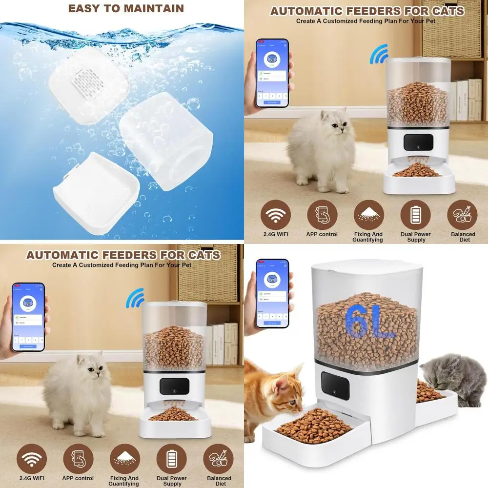 

Large 6L Dual Bowl Automatic Cat Feeder with Detachable Bowls and Smart App Control
