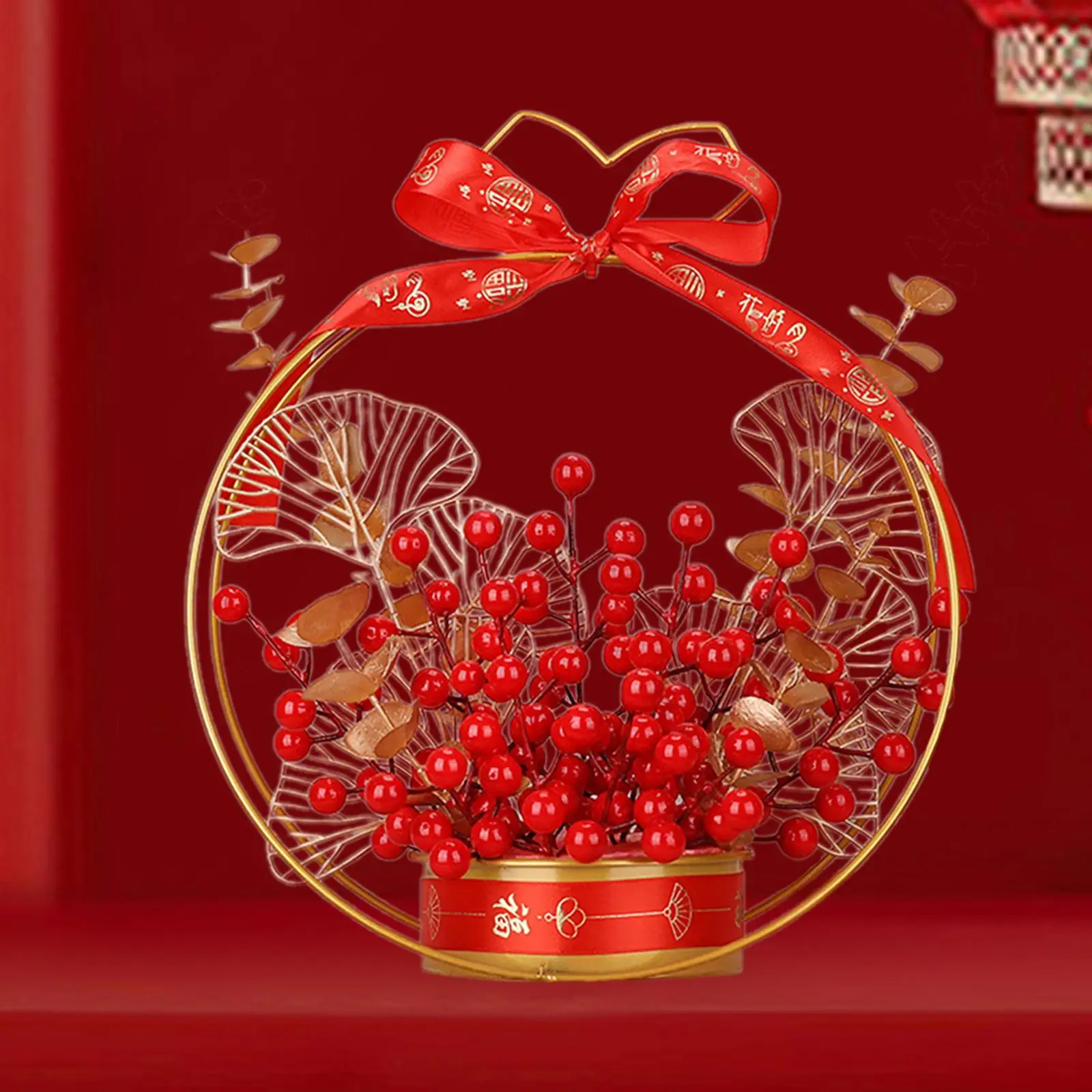 New Year's Fortune Fruit Red Fruit Iron Flower Basket Simulation Holly Flower Fake Flower Living Room Decoration Housewarming