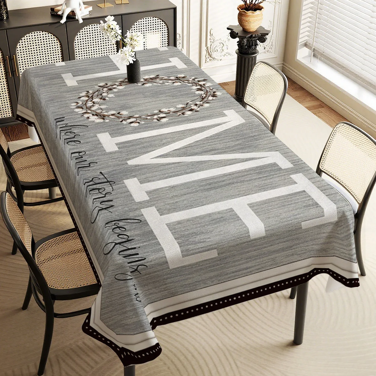 One American country-style tablecloth, a warm and soothing tablecloth with a gray and white contrast design