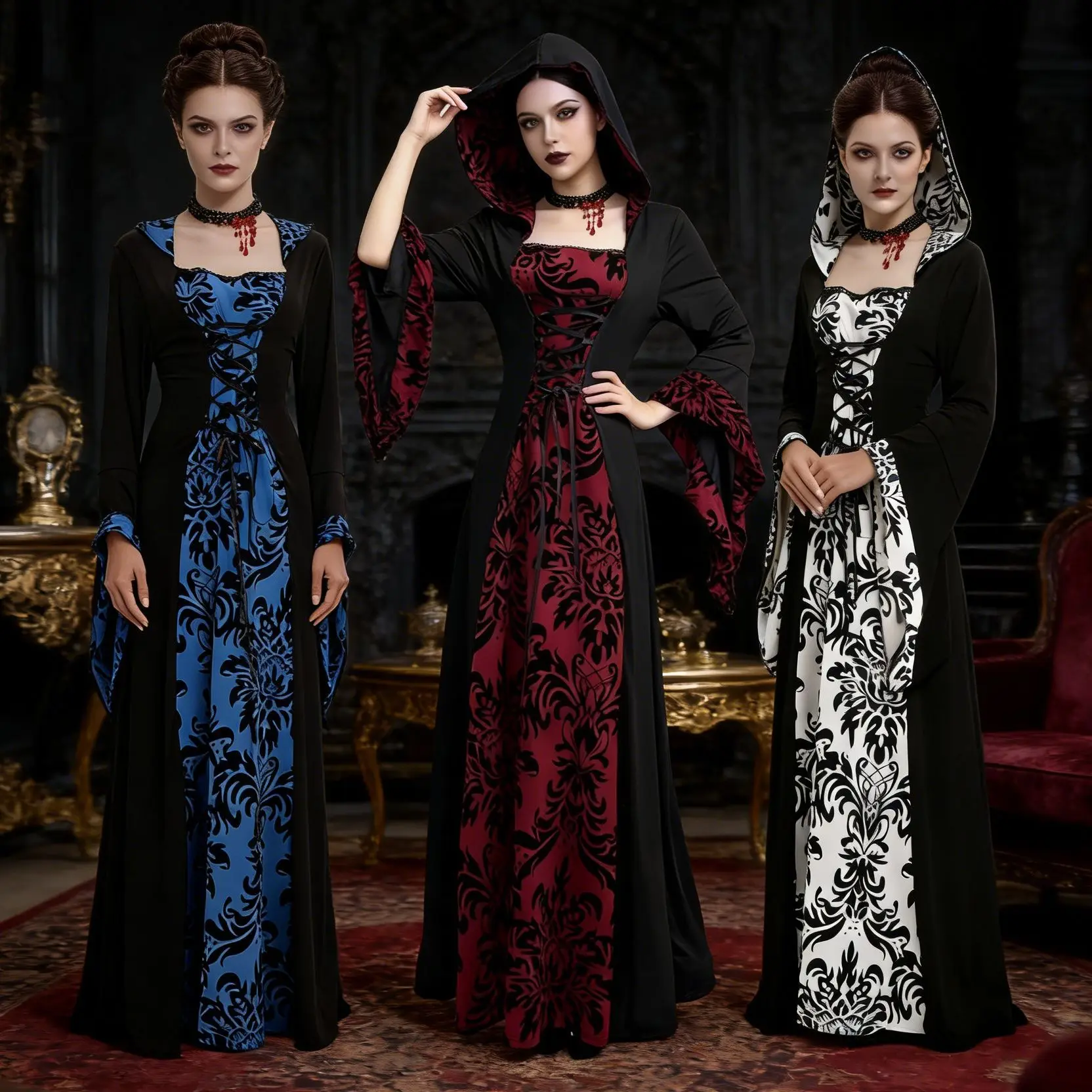 Medieval Court Retro Long Dress Halloween Stage Performance Costume Victorian Classic Velvet Dress Women's Ethnic Stage Costume
