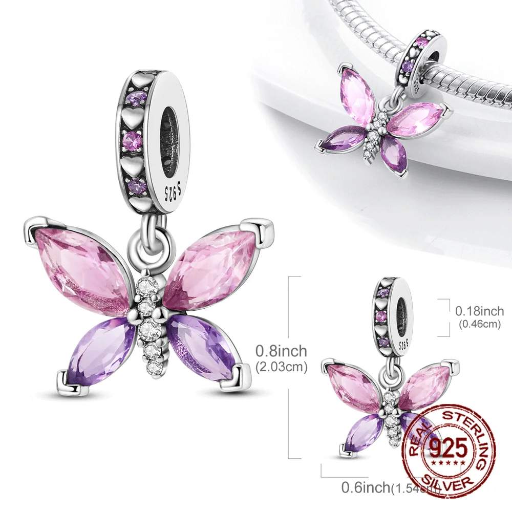 

925 Sterling Silver Charm Bead Gradient Purple Zircon Butterfly Pendant for Women Fit Original Bracelet Necklace DIY Accessories
