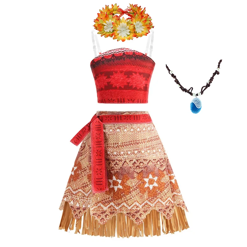 Girls Moana Princess Costume Tropical Fringe Skirt Crop Top Outfit Wig Necklace Flower Headband Kid Birthday Beach Cosplay Dress