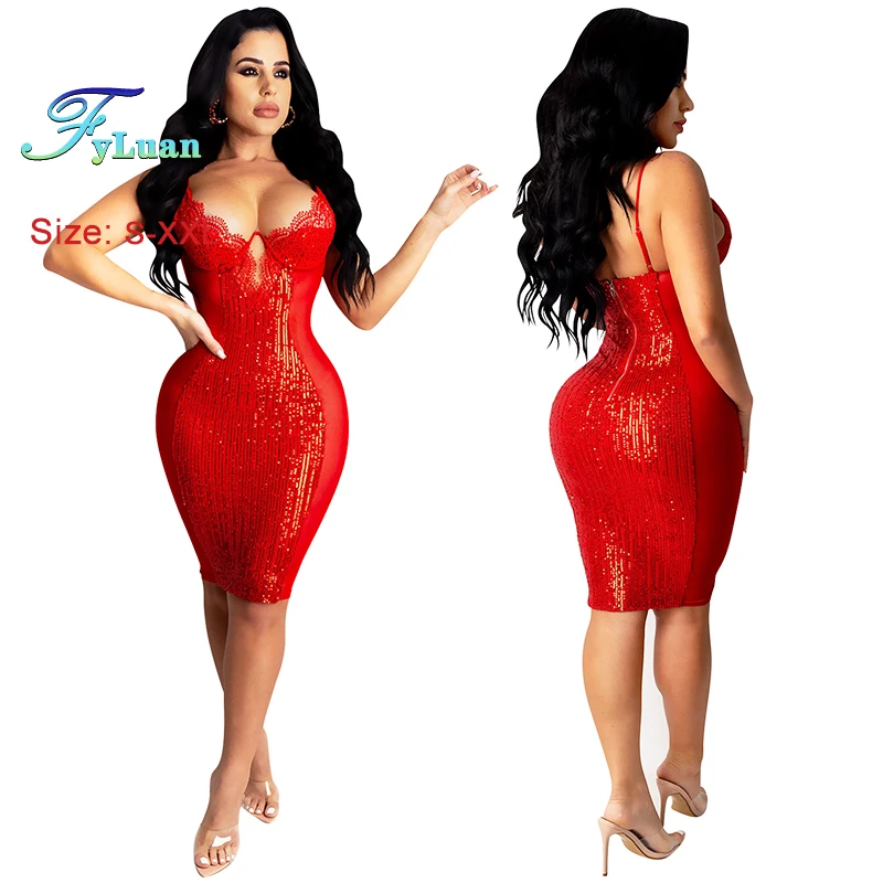 FyLuan New Listing Deep V Neck Women Dress Party Temperament Mesh Diamonds Sleeveless Cutout Bodycon Sexy Party Banquet Dresses