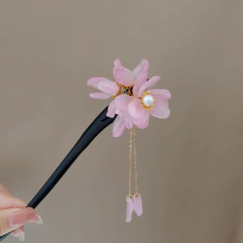 

Головной убор с кисточками в древнем стиле, заколка с розовым цветком, простая деревянная заколка для волос, древний стиль