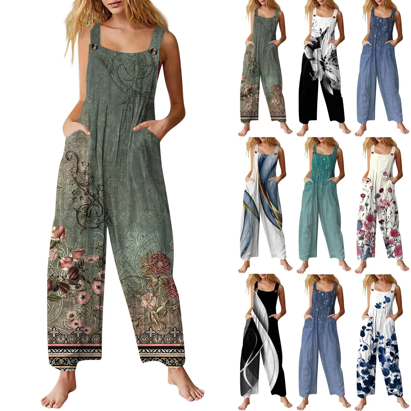 Women Ethnic Style Jumpsuits Summer Overalls Square Neck Sleeveless Casual Rompers With Pockets For Lady Playsuit