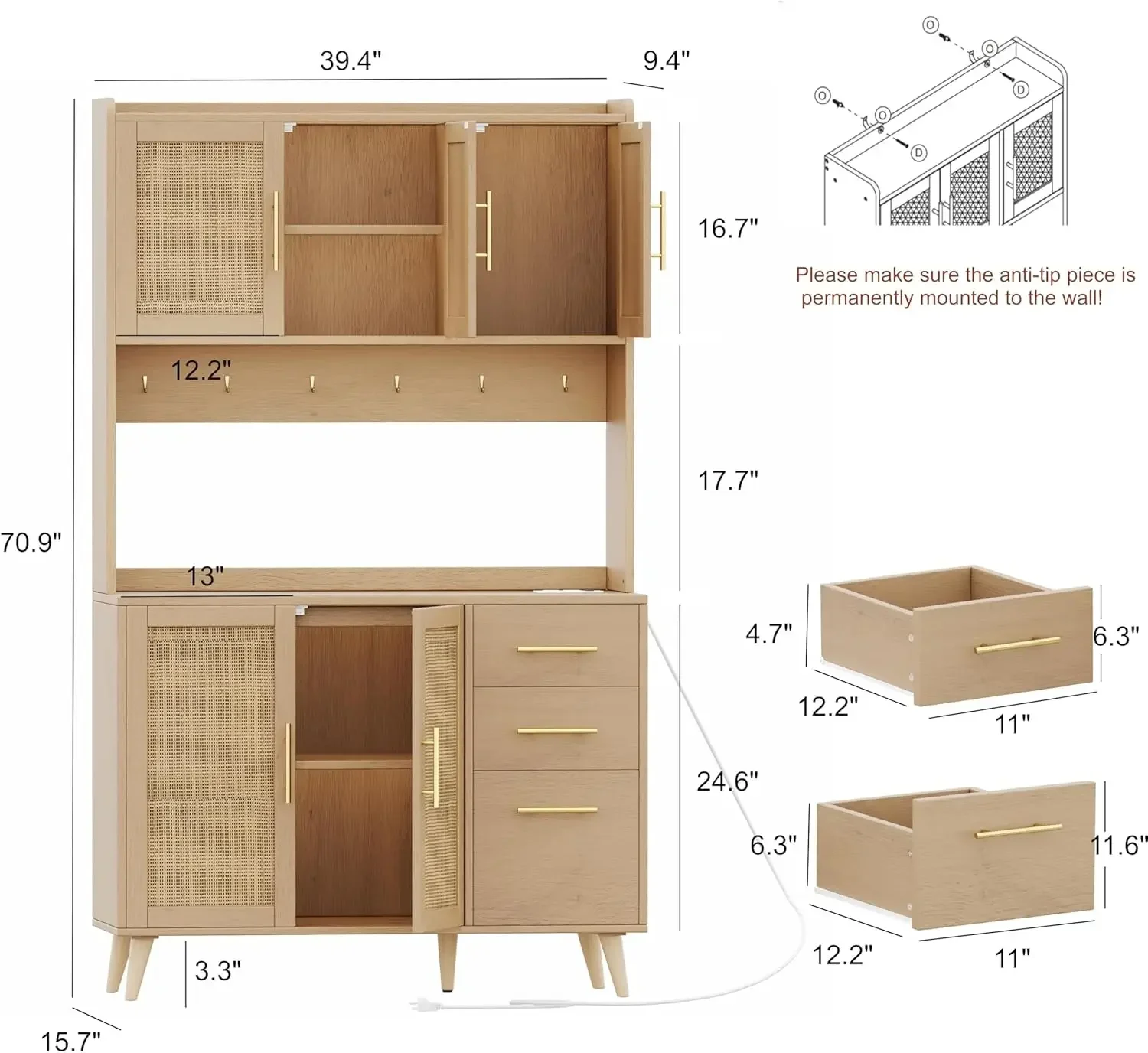 Gabinete de despensa de cocina de 70,9 pulgadas con estante para microondas, gabinete de cocina de ratán con estación de carga, armario de piso alto