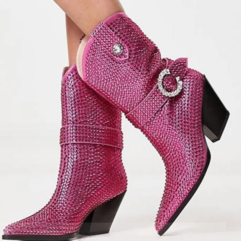 

Punk Style Crystal Block Heels Cowboy Boots Fuchsia Silver Rhinestone Pointed Toe Blet Buckle Slip On Mid Calf Chelsea Boots